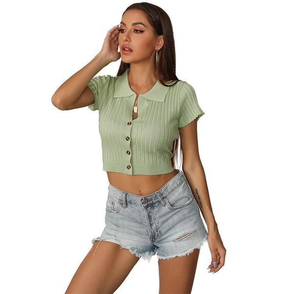 

women's t-shirt 2021 summer women tees solid crop green turndown-collar open cardgin short sleeve shirt lady slim knitted, White
