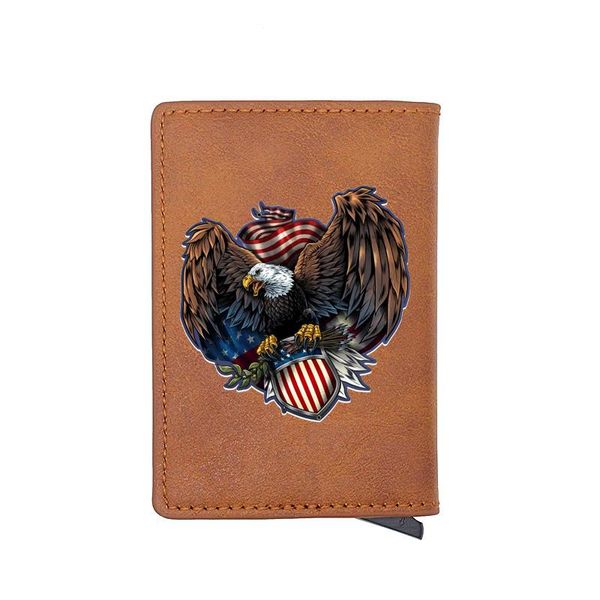 

card holders vintage brown american flag eagle digital printing holder leather wallet men women aluminium short purse, Brown;gray