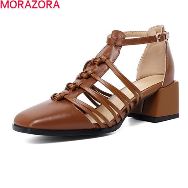 

morazora genuine leather sandals women thick heels square toe buckle casual shoes summer solid color ladies shoes 210506, Black