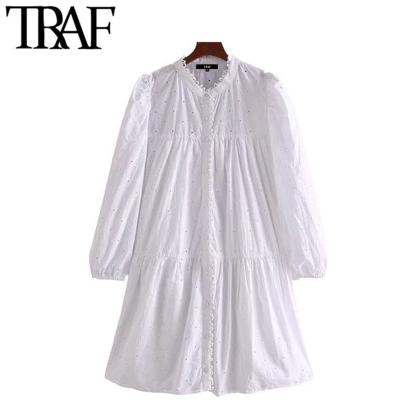 

traf women sweet fashion embroidery hollow out mini dress vintage o neck long sleeve female dresses vestidos mujer 210415, Black;gray