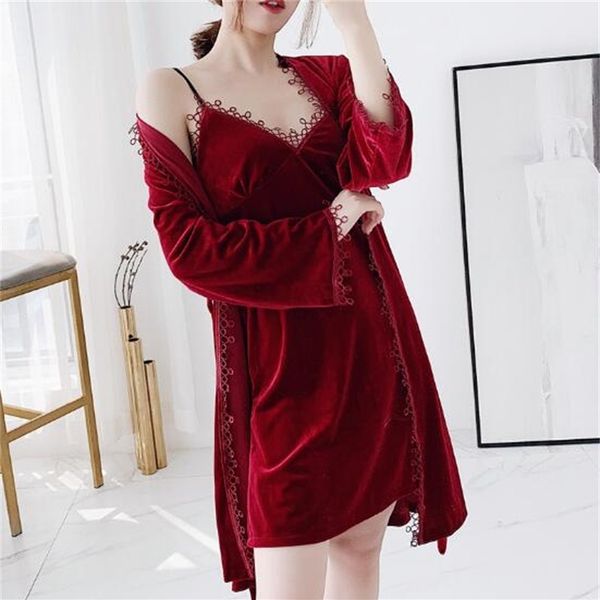 

pyjamas fdfklak autumn winter dressing gowns for women bathrobe gold velvet warm sleepwear lace two piece pijama robe sets 5i9w, Black;white