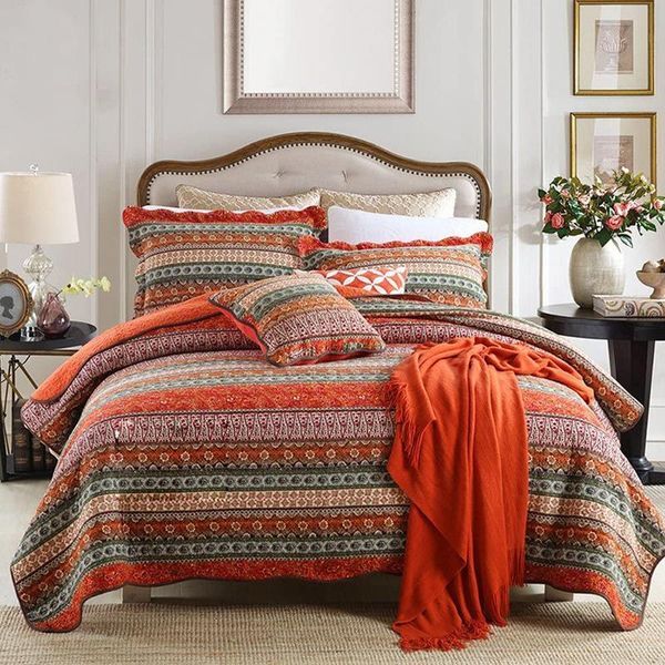 

bedding sets brushed quilted quilt stitching bed cover three-piece linen bohemian washed household