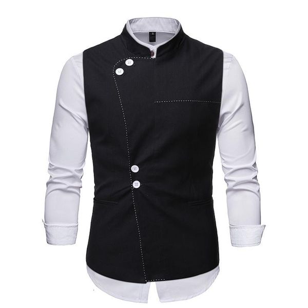 

men's vests black stand collar mens dress fashion chic slim fit sleeveless waistcoat male formal business gilet homme ssnx, Black;white
