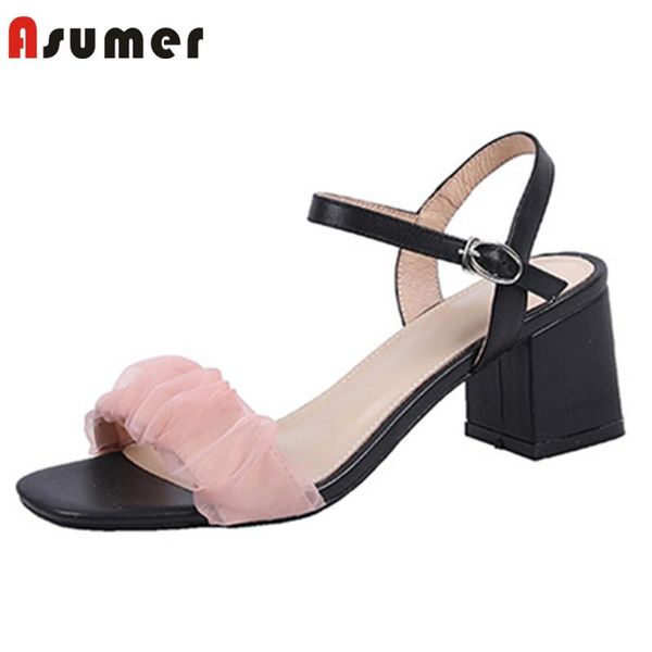 

dress shoes asumer 2021 fashion women sandals genuine leather buckle summer square high heels comfortable casual female, Black