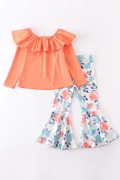 

clothing sets girlymax fall/winter 2 colors baby girls ruffles bell-bottoms coral olive floral boutique outfits pants set kids, White