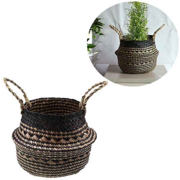 

handmade bamboo woven flower basket black grid straw wicker dirty laundry organizer foldable seagrass storage baskets plant pot