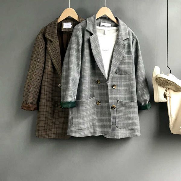 

women's jacket suit fall style retro check loose double breasted blazer casual female coat 210527, White;black