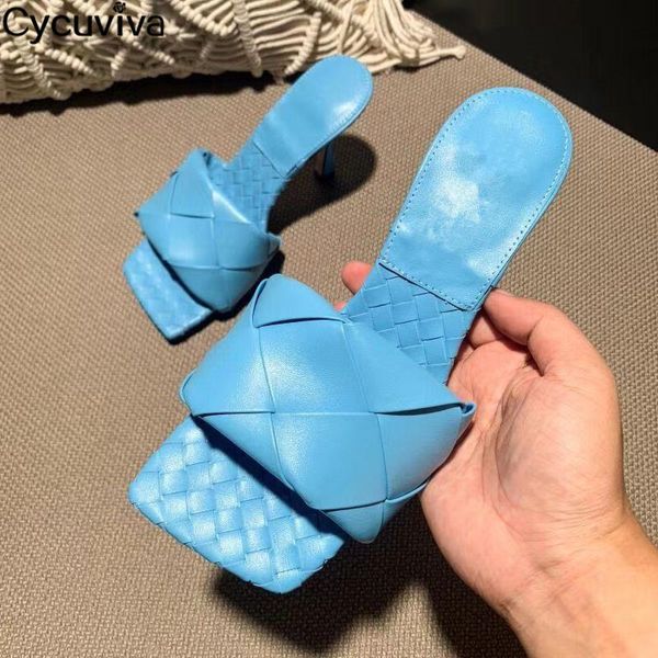

slippers square toe weave mules women high heels slip on sandals woman nude blue 2021 runway party summer shoes, Black