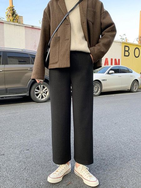 

men's pants knitting wide leg woman high waist fall sensation trousers easy thickening nine part directly cuffless, Black