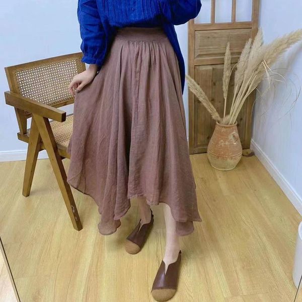 

skirts johnature linen irregular women 2021 summer loose elastic waist 3 colors all match vintage, Black