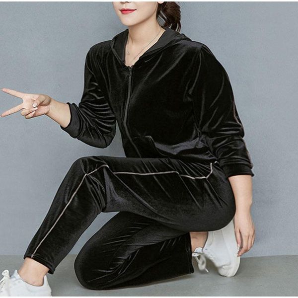 

women's two piece pants plus size soft lettered velvet tracksuits velour 2 set women zipper hoodies jogging homewear side stripe suits, White