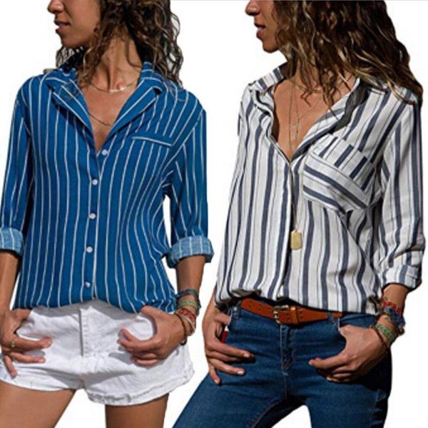 

womens long sleeve blue/white striped shirt ladies autumn v-neck blouse button down casual loose lapel women's blouses & shirts