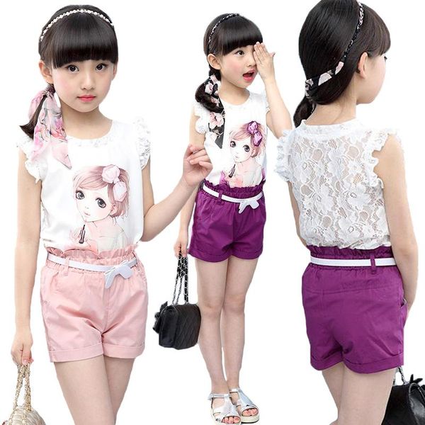 

clothing sets summer set 2021 fashion cartoon girl lace short sleeve t-shirt + pants 2pcs suit for 3-9 years old kids, White
