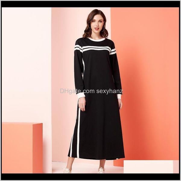 Giyim Giyim Damla Teslimat 2021 Bayan Gündelik Elbise Siyah Beyaz Patchwork Artı Çizgili O Boyun Uzun Kollu Maxi Elbiseler Dorim