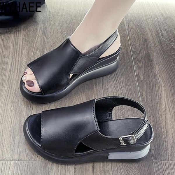 

sandals fashion summer slope heels women's solid color open toe high casual ladies buckle belt women mujer, Black
