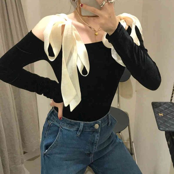 

blouse women lace up bow long sleeve one shoulder velvet ladies shirts blusas feminine black women clothes 278j 210420, White
