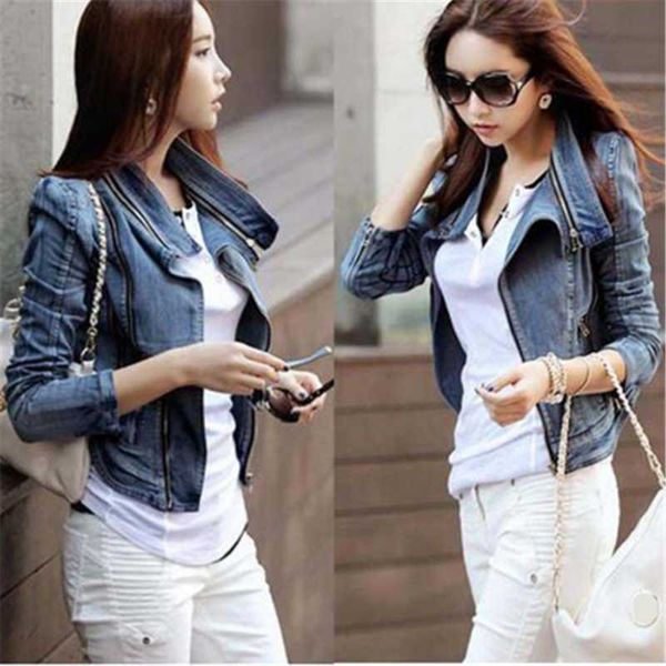

women's jackets 2021 women spring autumn lapel slim locomotive zipper short casual denim jacket cowboy coat outwear, Black;brown
