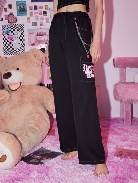 

romwe butterfly letter graphic cargo pants 33e5#, Black;white