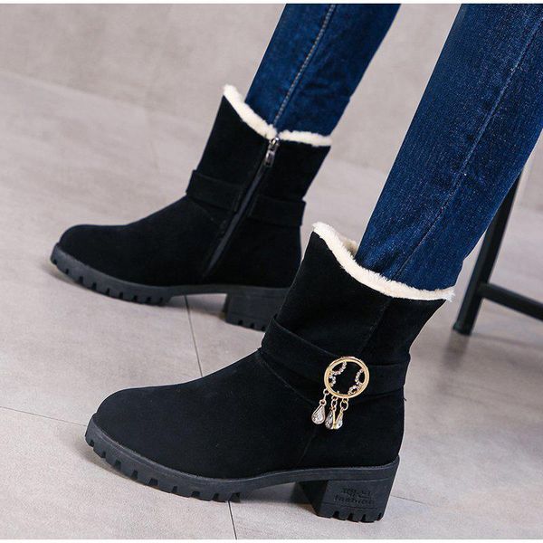 

boots 2021 winter women ankle mid-heel warm plush snow outdoor casual short shoes non slip zipper female, Black