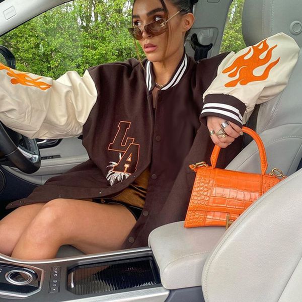 

wind 2021 autumn winter women's new fashion contrast color stitching embroidery loose casual baseball et, Black;brown