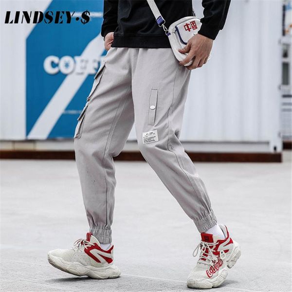 

men's side pockets cargo pants 2021 hip hop casual male tatical joggers trousers fashion streetwear, Black