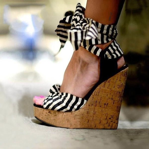 

sandals summer roman designer gingham fabricwedges high heels peep-toe platform shoes woman y19a, Black