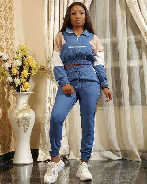 

women's fashion y5172 tracksuits stitching sportswear 2-piece set, Gray