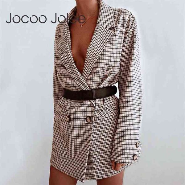 

elegant plaid blazer dress winter autumn women long sleeve oversized jacket office lady bodycon casual streetwear 210416, Black