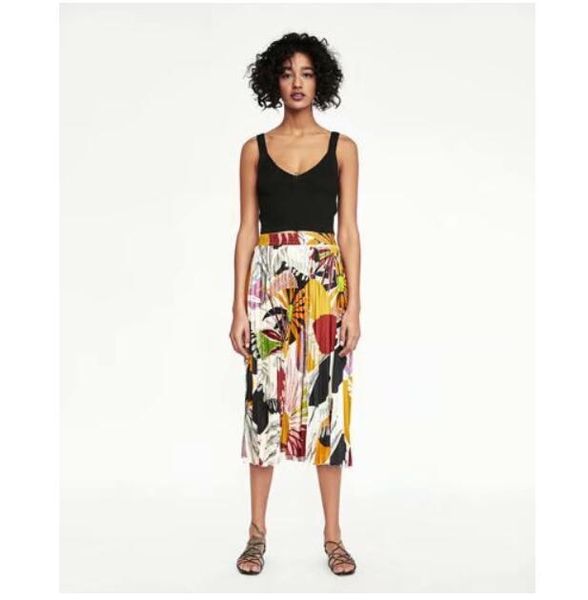 

skirts women floral print skirt pleated high waist female casual beach holiday, Black