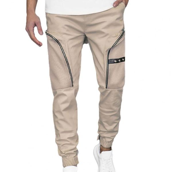 

men's pants men cargo solid color patchwork casual multi pockets young ankle banded male trousers for daily wear, Black