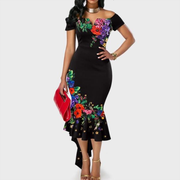 

summer off shoulder floral elegant womens dresses evening party wedding formal ruffles fishtail ladies dress, Black;gray