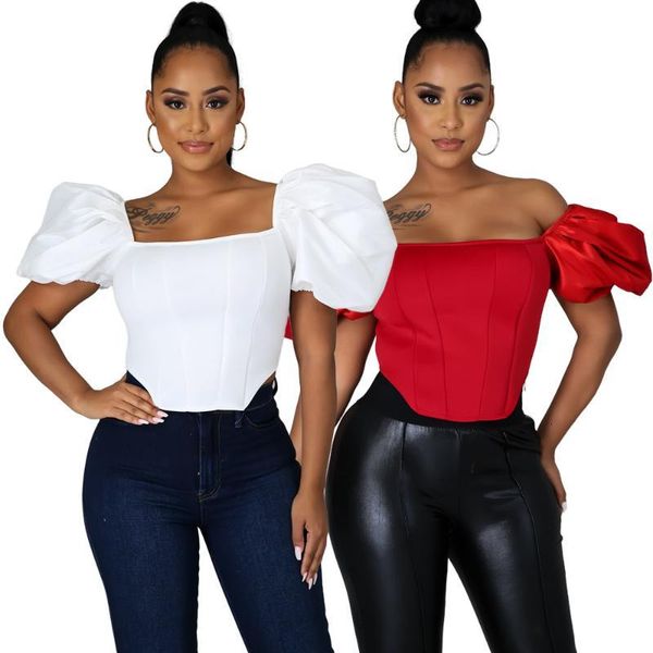 

women's knits & tees woman tshirts puff sleeve square collar crop solid hollow back shirts elegant streetwear wholes, White