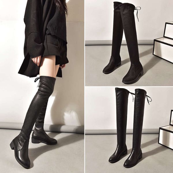 

boots over the knee leather women's autumn and winter slim plush flat bottom elastic, Black