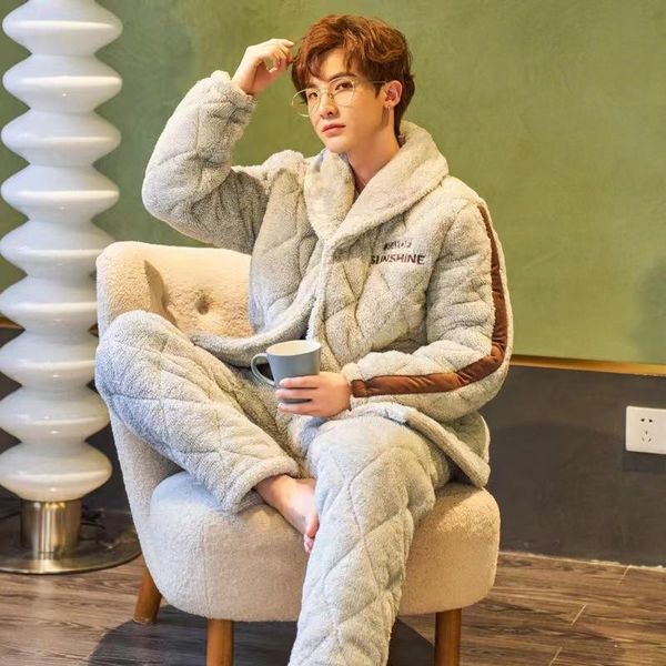 

men's sleepwear 2021 winter thicken warm flannel plus velvet pajamas sets for men long sleeve +pants l-3xl size male, Black;brown
