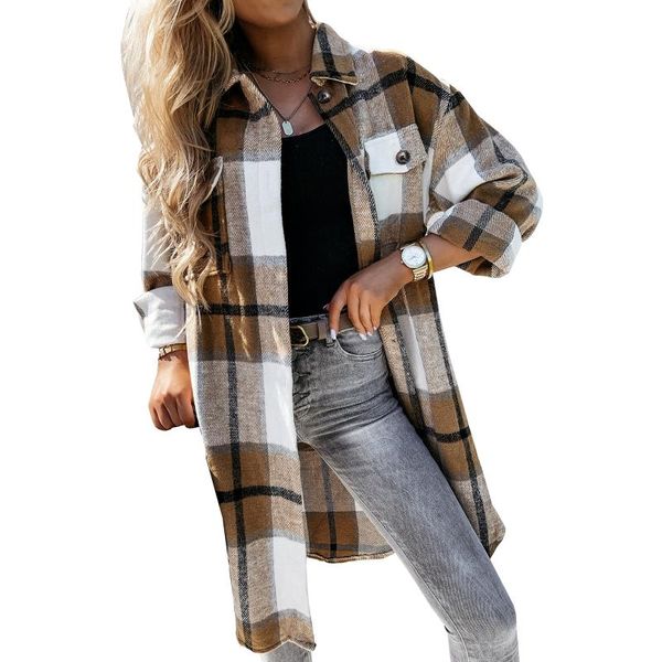 

women's trench coats hirigin 2021 women button-down shirt adults irregular plaid print long sleeve lapel outerwear with flap pockets st, Tan;black