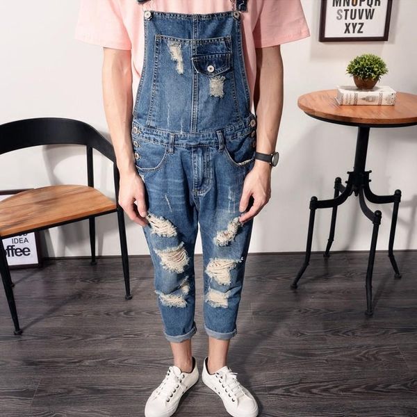 

harajuku summer men hole ripped jeans jumpsuits plus size male trousers slim denim overalls retro casual cowboys suspender pants men's, Blue