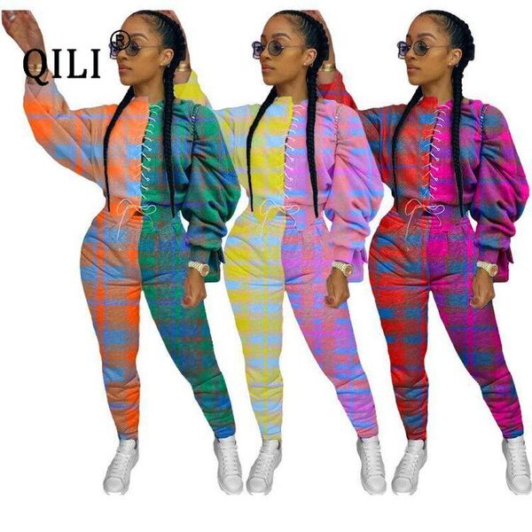

women's tracksuits qili plaid print lace-up outfits two piece set full sleeve outfit womens casual sets office lady patchwork xxl 3xl, Gray
