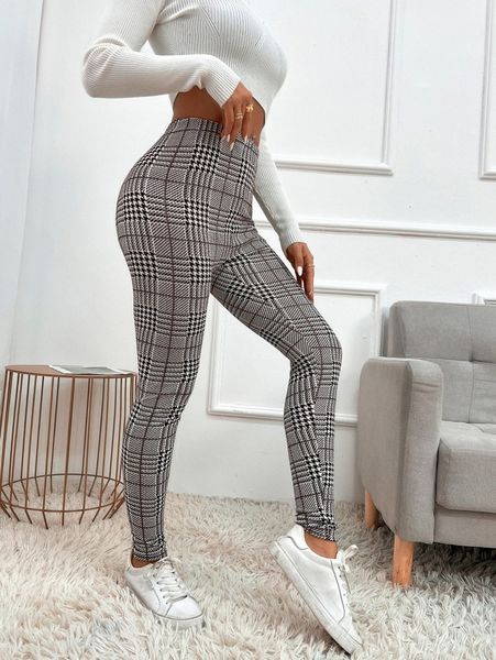 

high waist plaid print leggings q6cw#, Black