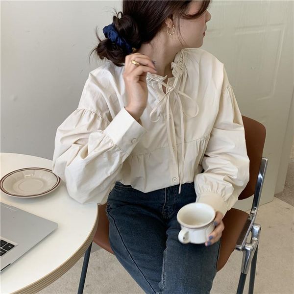 

women's blouses & shirts spring/autumn korean style women loose casual ruffled collar long sleeve blouse all-matched sweet cotton linen, White