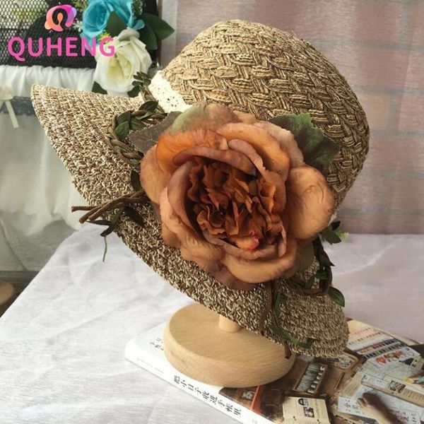 

wide brim hats quheng straw hat for woman flower decoration summer beach holiday sunshade anti-ultraviolet foldable beanie m191, Blue;gray