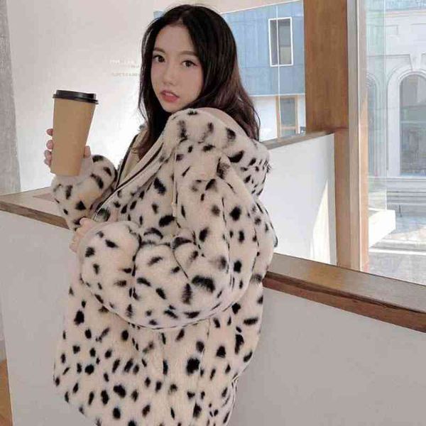 

women's fur & faux lucyever winter hooded coat women korean cute leopard print bear ear cap warm jacket casual loose plush overcoat fem, Black