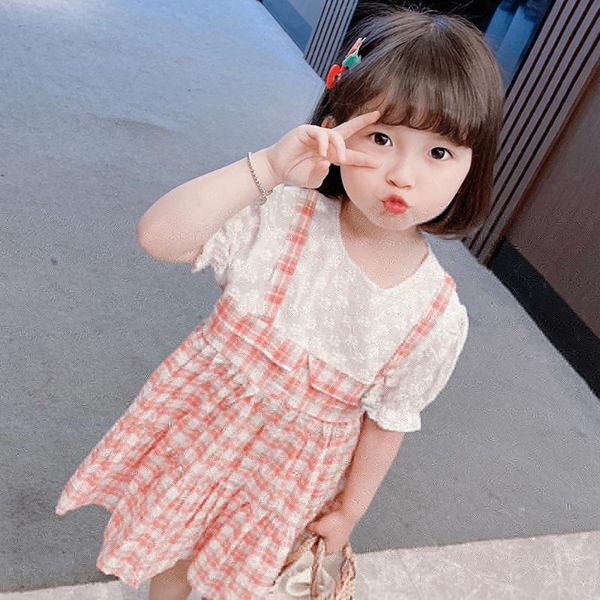 

summer cute baby girls puff sleeve plaid dress kids clothes floral embroidery princess dresses casual children clothing 2-6y girl's, Red;yellow