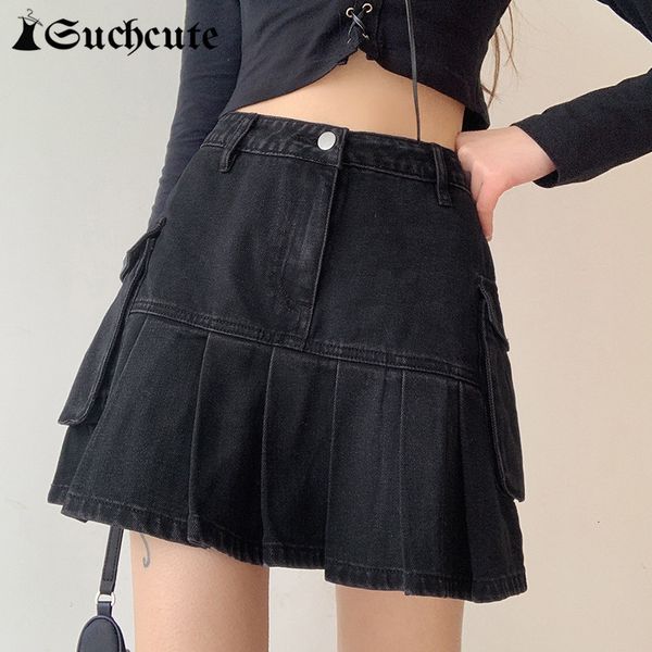 

casual dresses korean style high waist a-line denim skirts for women big pocket gothic black pleated basic mini harajuku ozz2, Black;gray