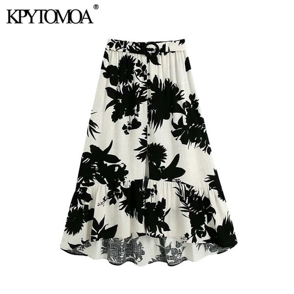 

women chic fashion with belt printed asymmetric midi dress ruffled hem front vents female skirts mujer 210420, Black