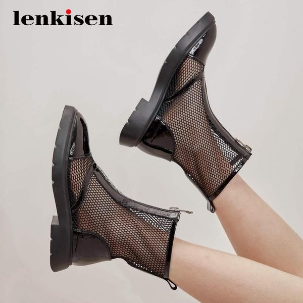 

boots lenkisen leisure air mesh breathable fashion round toe med heels sunscreen zip beauty lady summer ankle l5f1, Black
