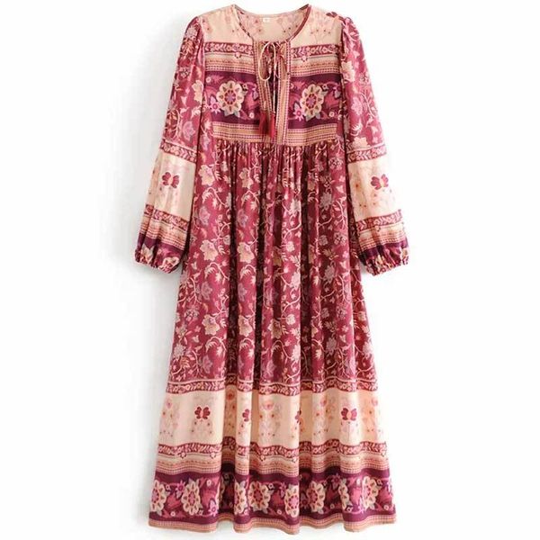 

inspired women wine red floral print tassle tied dress women boehmian long sleeve dress for women spring autumn dresses new 210412, Black;gray