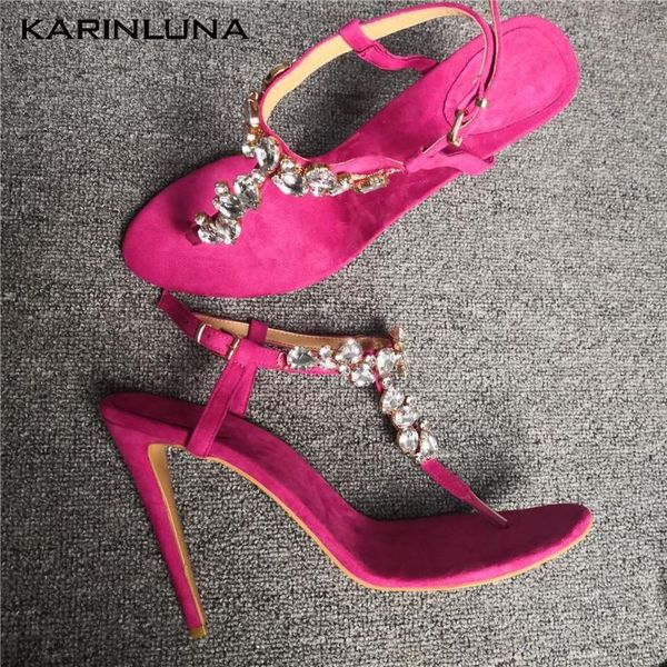 

brand plus size 47 thin high heels women shoes sandals crystals lady summer party t-strap woman 2021, Black