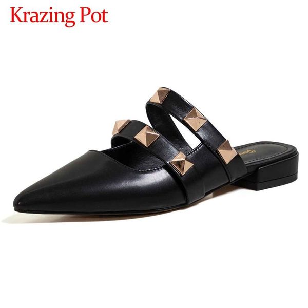

krazing pot fashion style full grain leather rivet decorations pointed toe slip on outside slipper beauty girls shoes women l33 slippers, Black