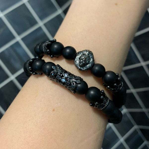 

bracelet men's fashion lion crown charm 8mm black frosted beaded hand jewelry gift, Golden;silver