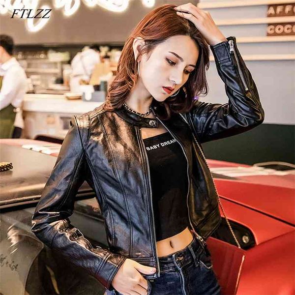 

european style o neck pu leather jacket fashion motorcycle outwear women slim biker coat basic streetwear 210430, Black